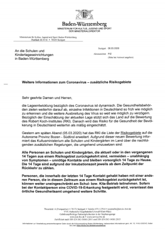 Schreiben des Kultusministeriums